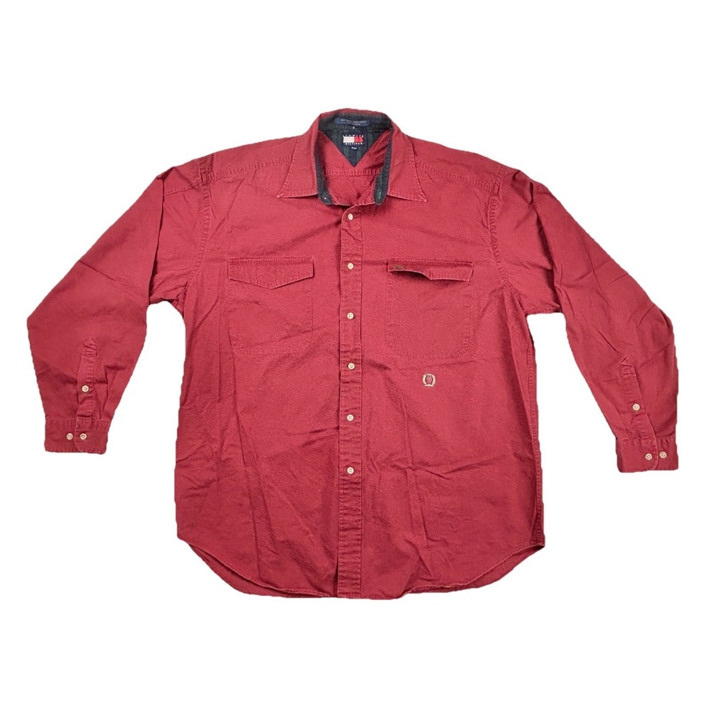 Tommy Hilfiger Vintage Men's Red Button Up Shirt Long Sleeve Crest Logo XL